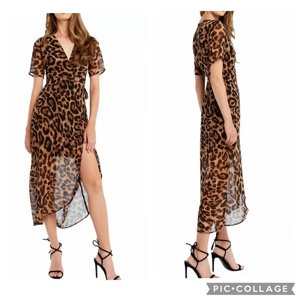 Bardot Leoapard Print Chiffon Short Sleeve Wrap MIDI Dress Size 10